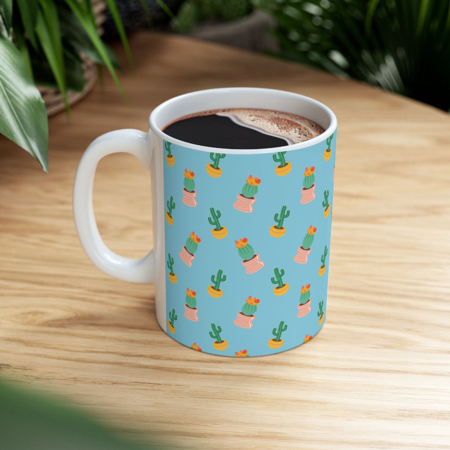 Cactus Pattern Ceramic Mug, Cute Coffee Cup, Plant Lover Gift, Home Decor, Kitchen Accessory, Birthday Present