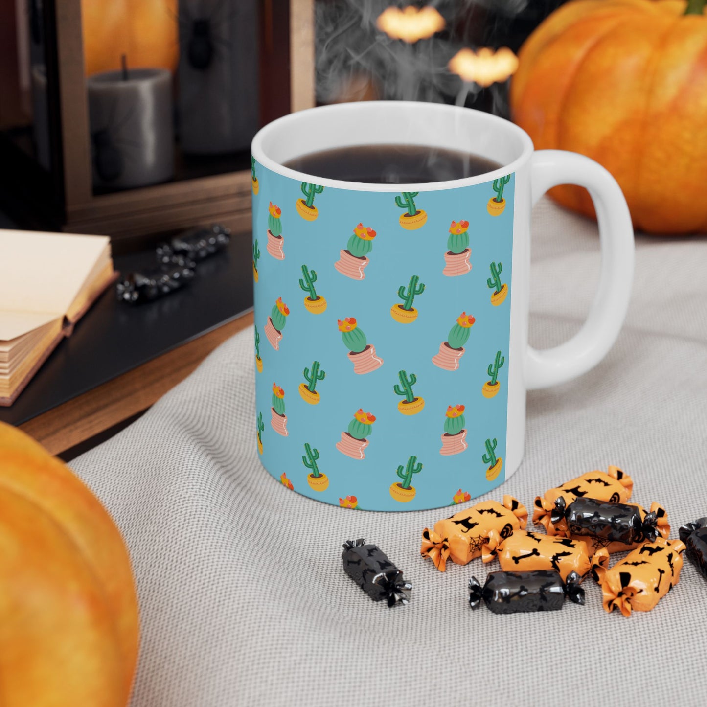 Cactus Pattern Ceramic Mug, Cute Coffee Cup, Plant Lover Gift, Home Decor, Kitchen Accessory, Birthday Present