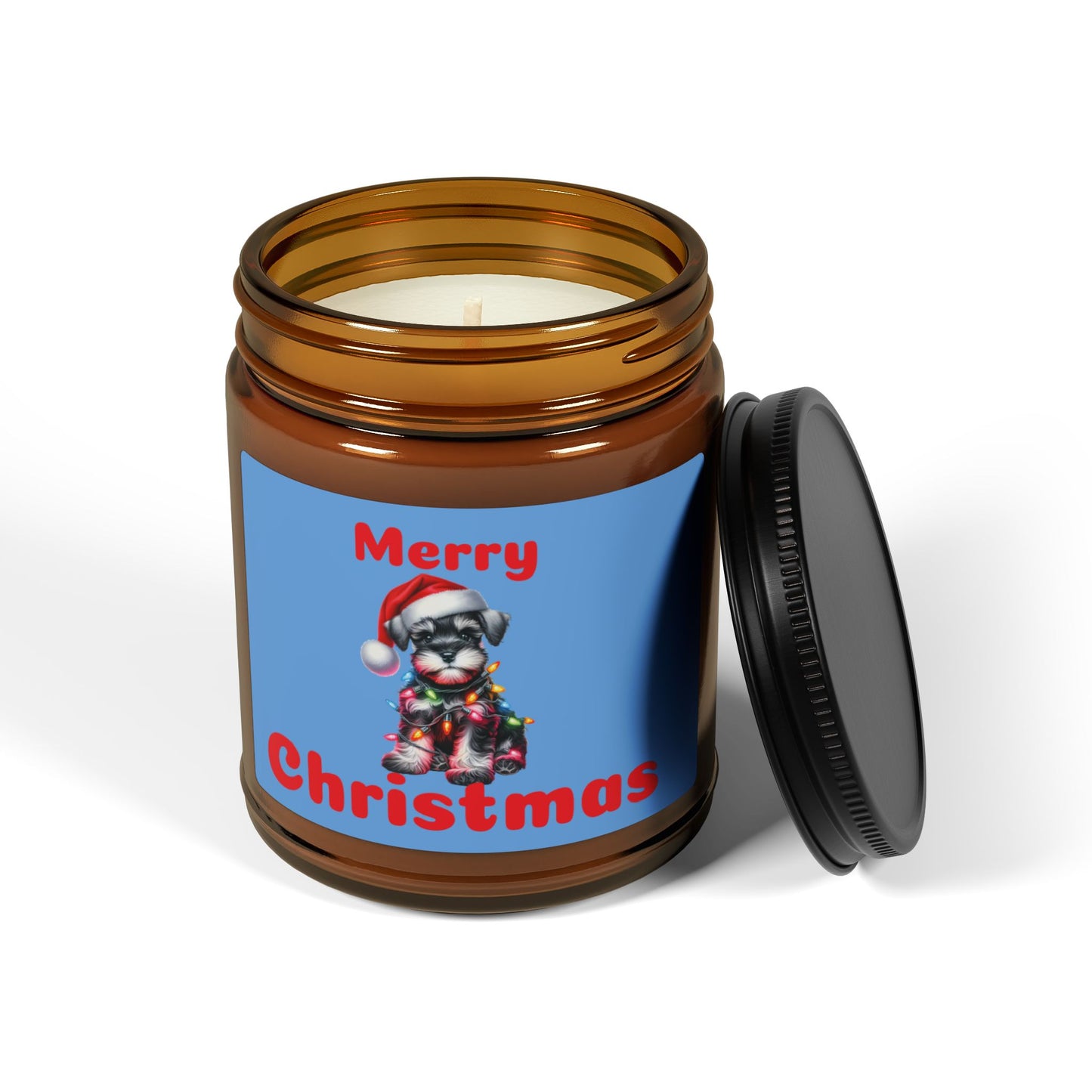 merry Christmas soy candle with cut schnauzer dog