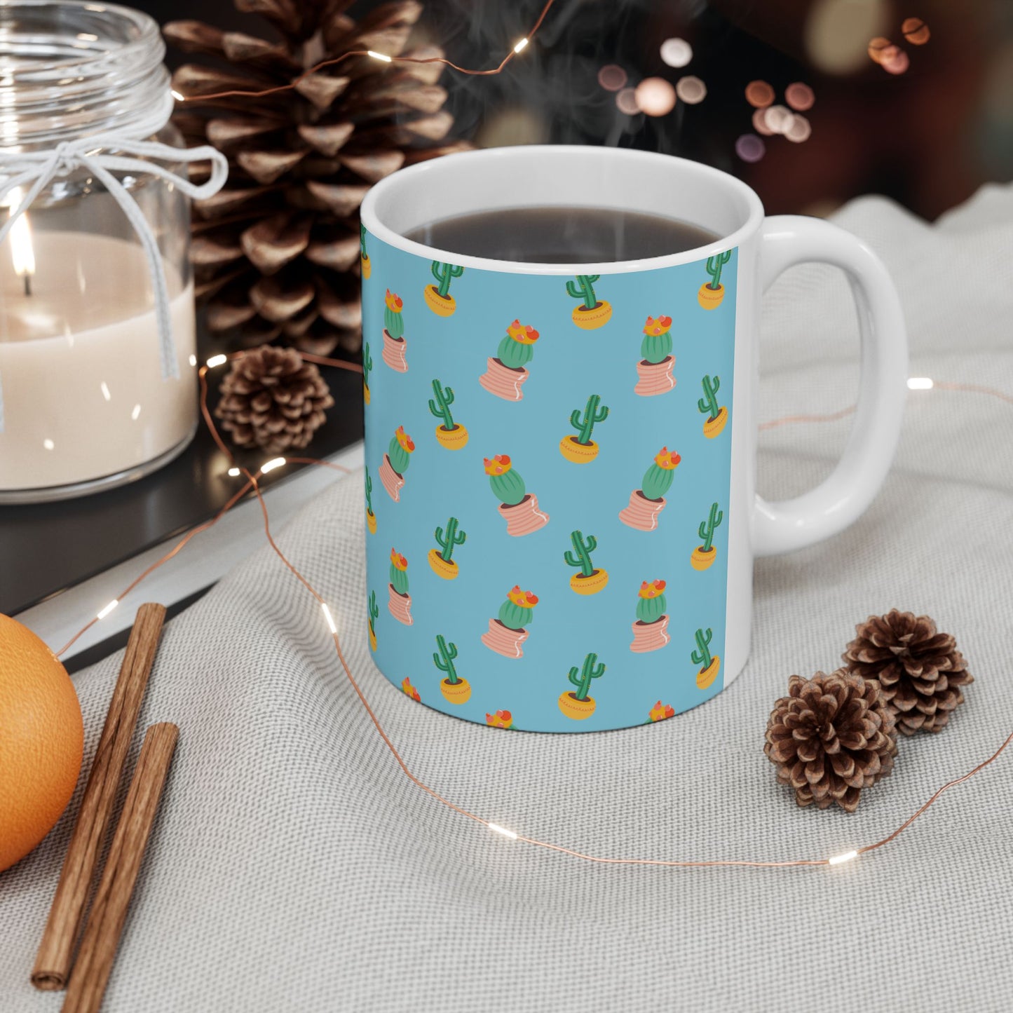 Cactus Pattern Ceramic Mug, Cute Coffee Cup, Plant Lover Gift, Home Decor, Kitchen Accessory, Birthday Present