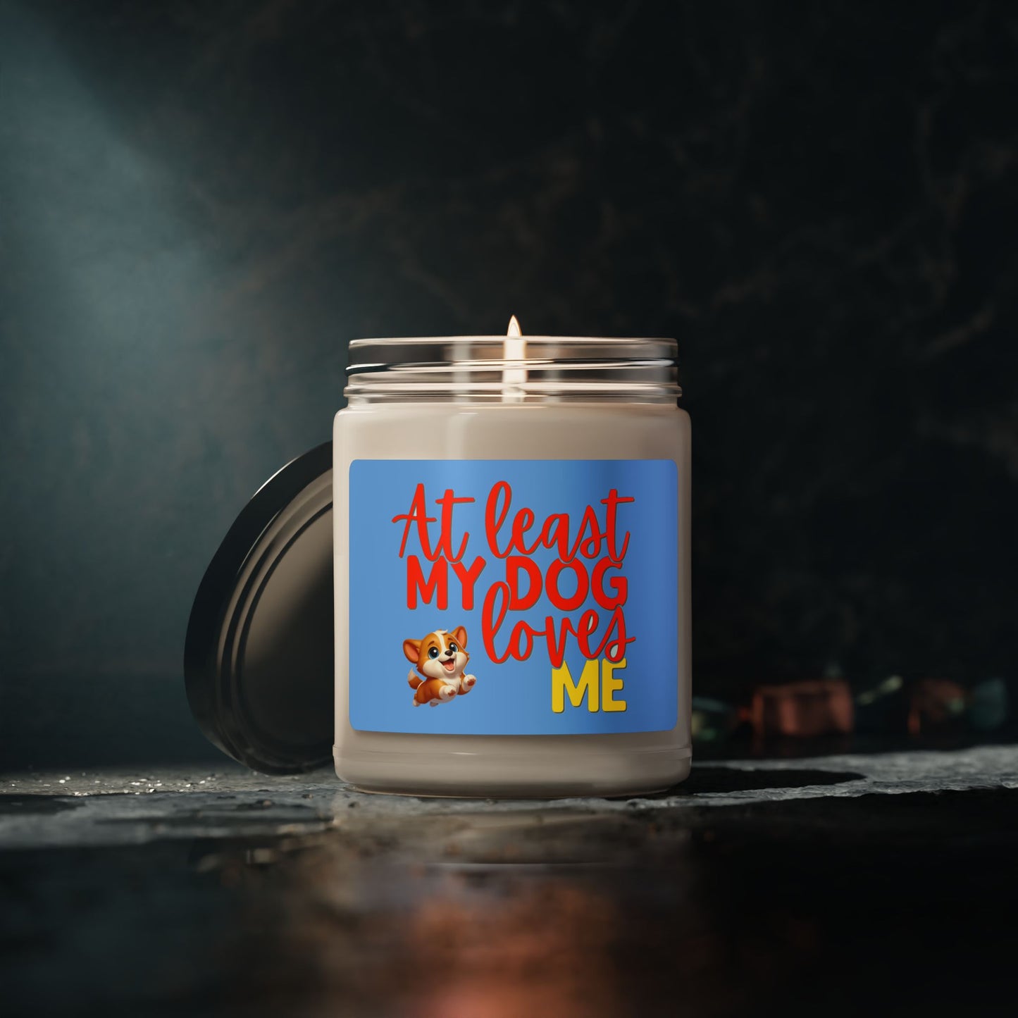 at least my dog loves me soy candle with cute corgi