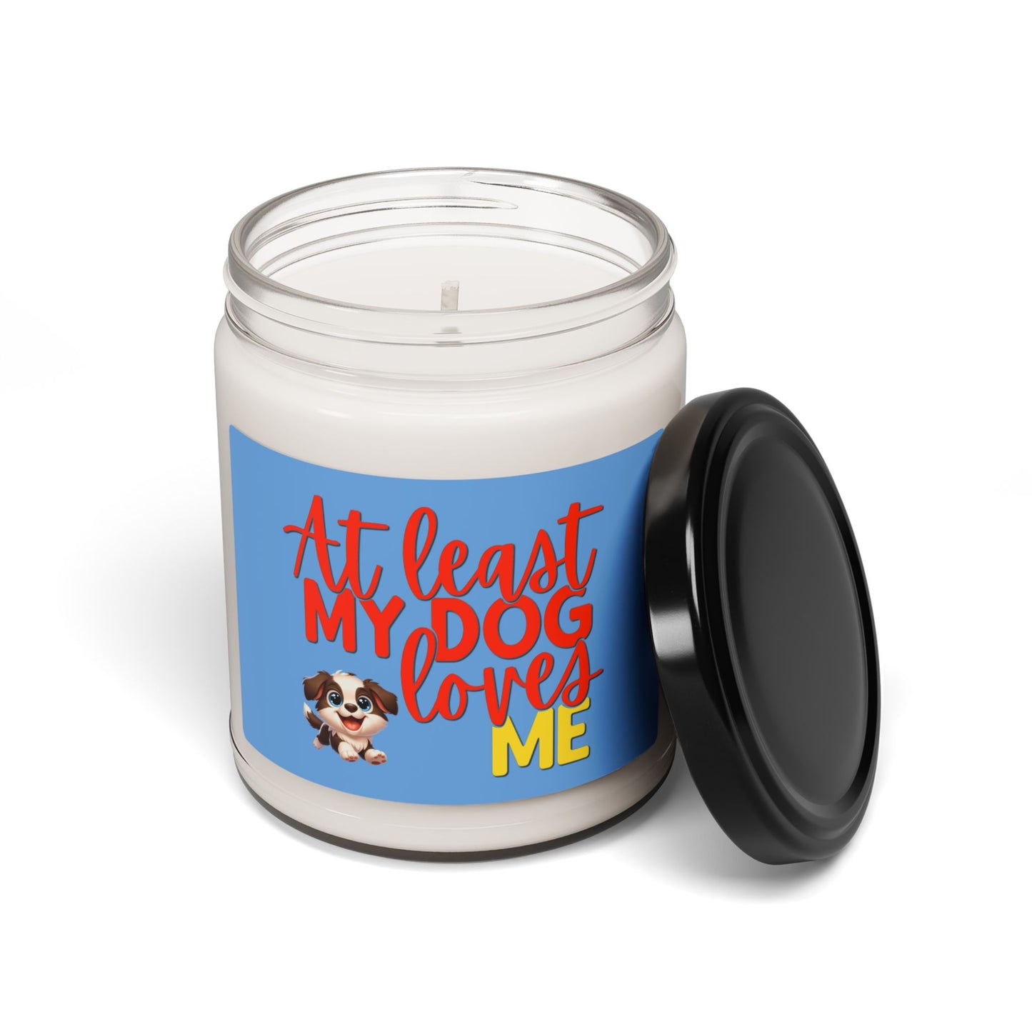 at least my dog loves me soy candle with cute boarder collie