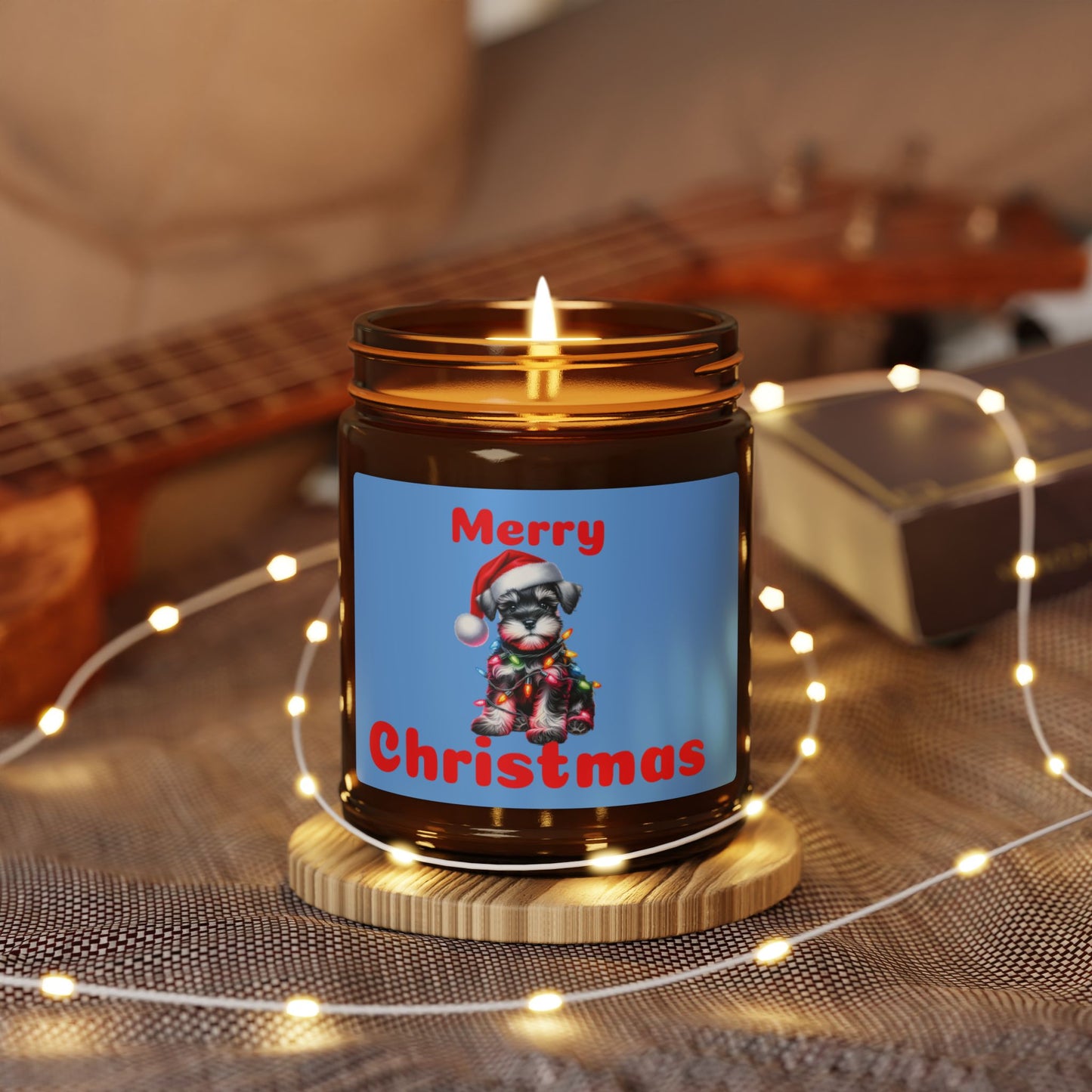 merry Christmas soy candle with cut schnauzer dog