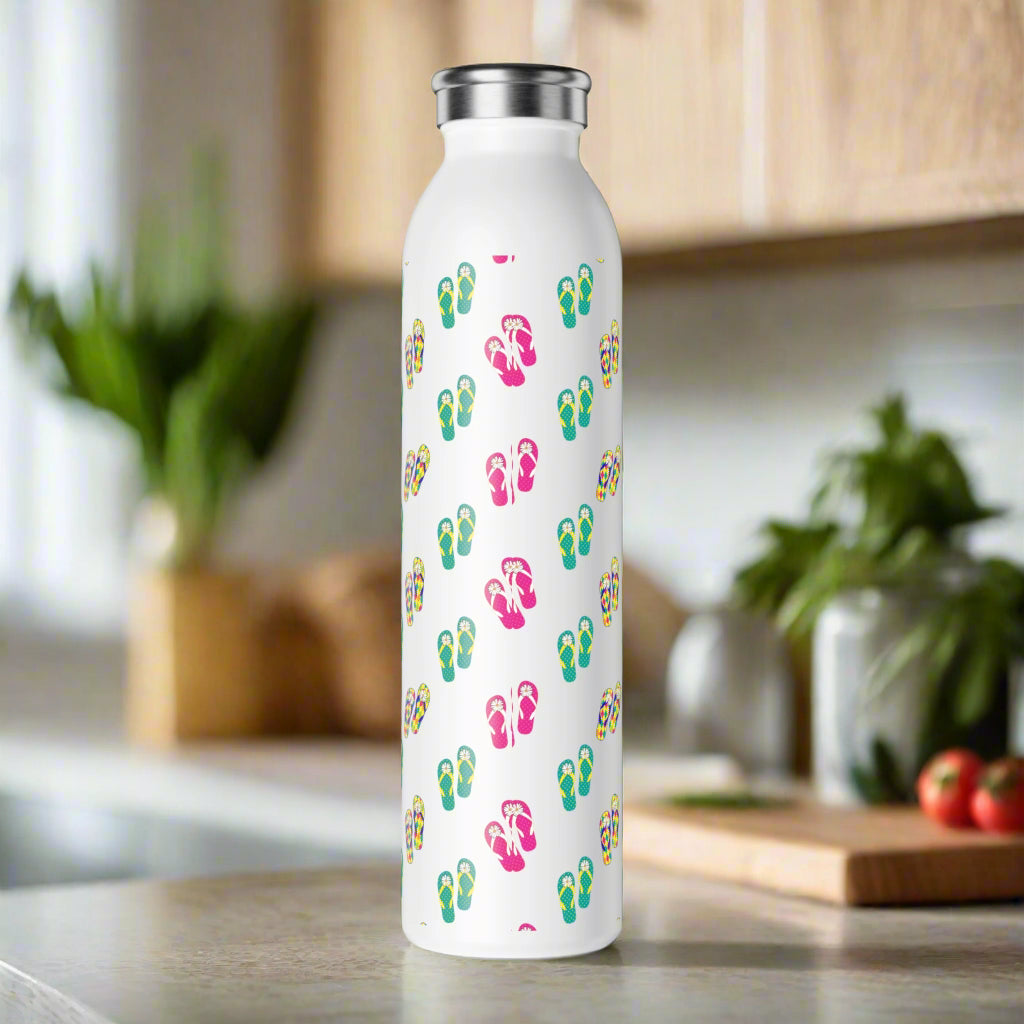 Summer Vibes Slim Water Bottle - Colorful Flip Flop Design for Beach Lovers