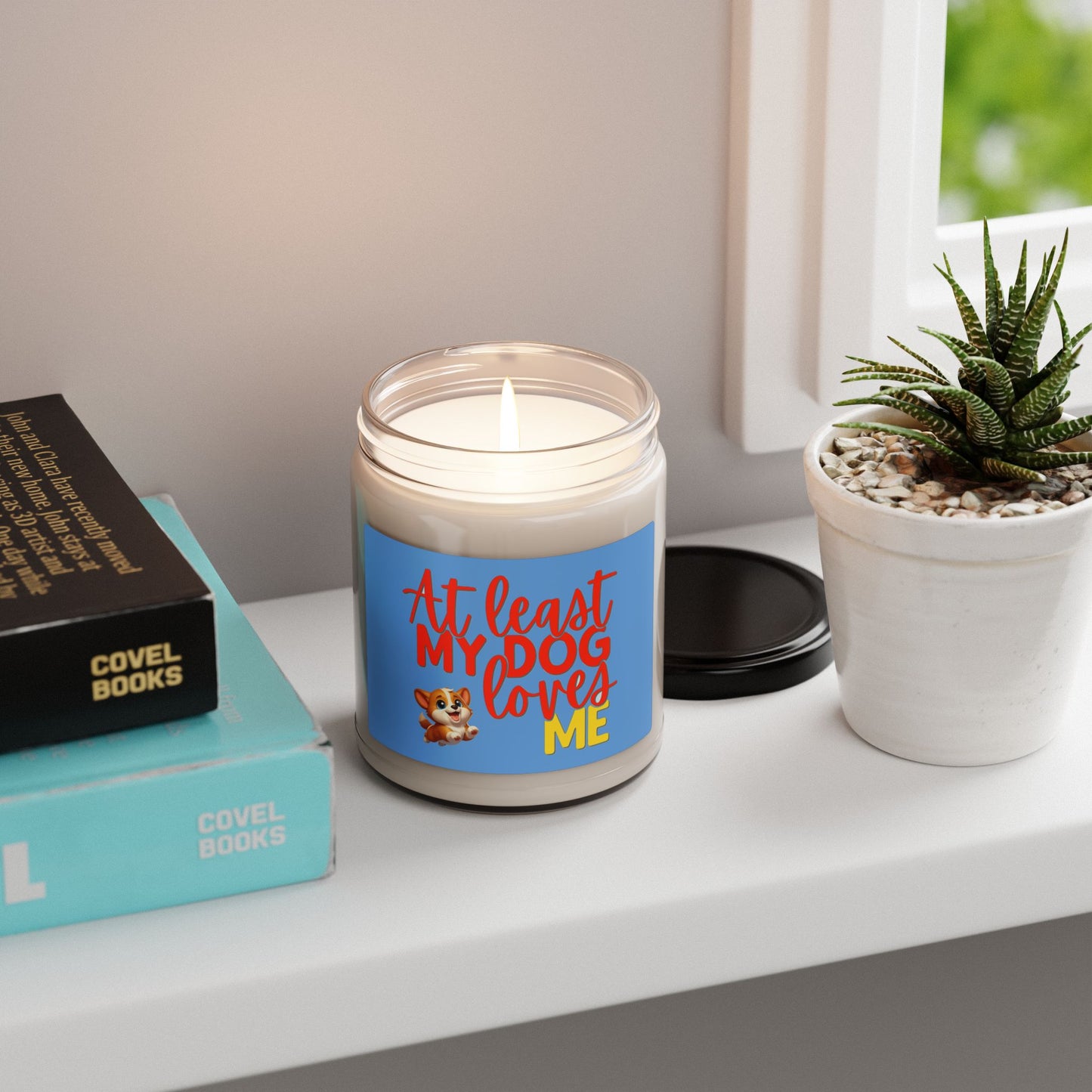 at least my dog loves me soy candle with cute corgi