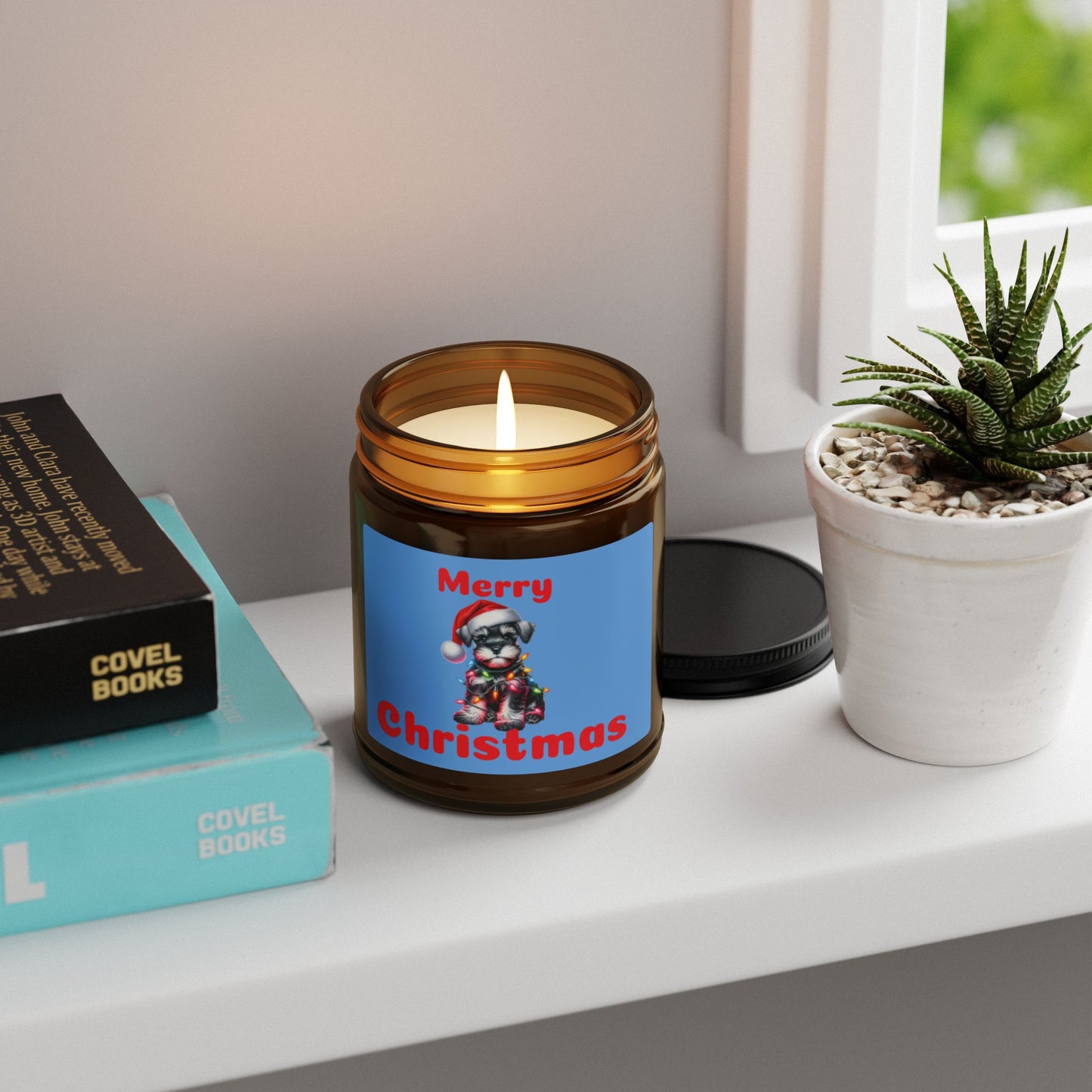 merry Christmas soy candle with cut schnauzer dog