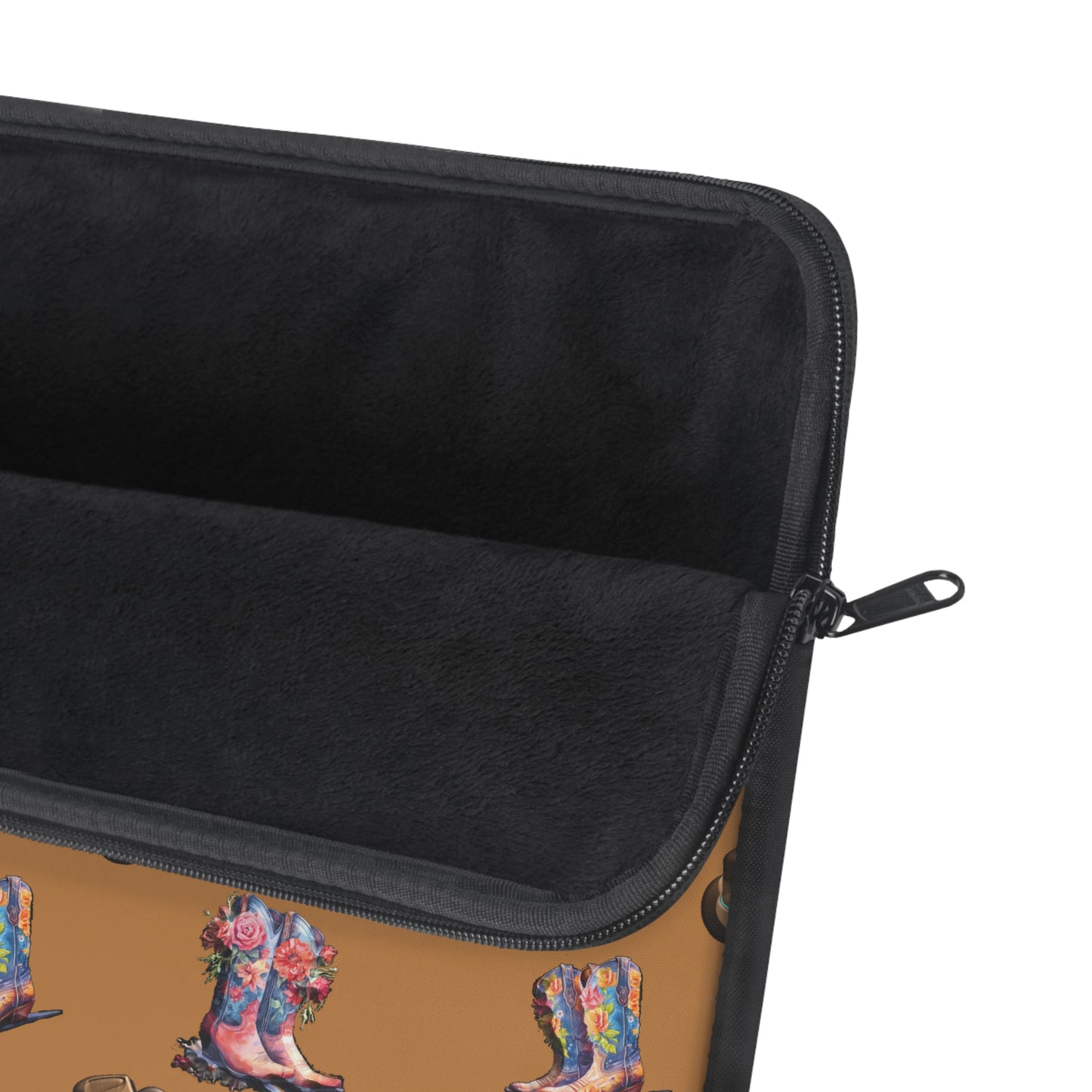 cowboy boots roses and hats on laptop sleeve showing zipper and inside