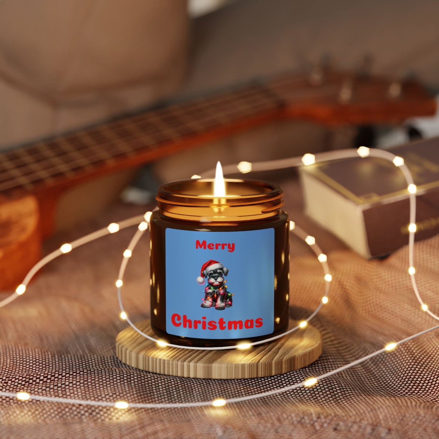 merry Christmas soy candle with cut schnauzer dog