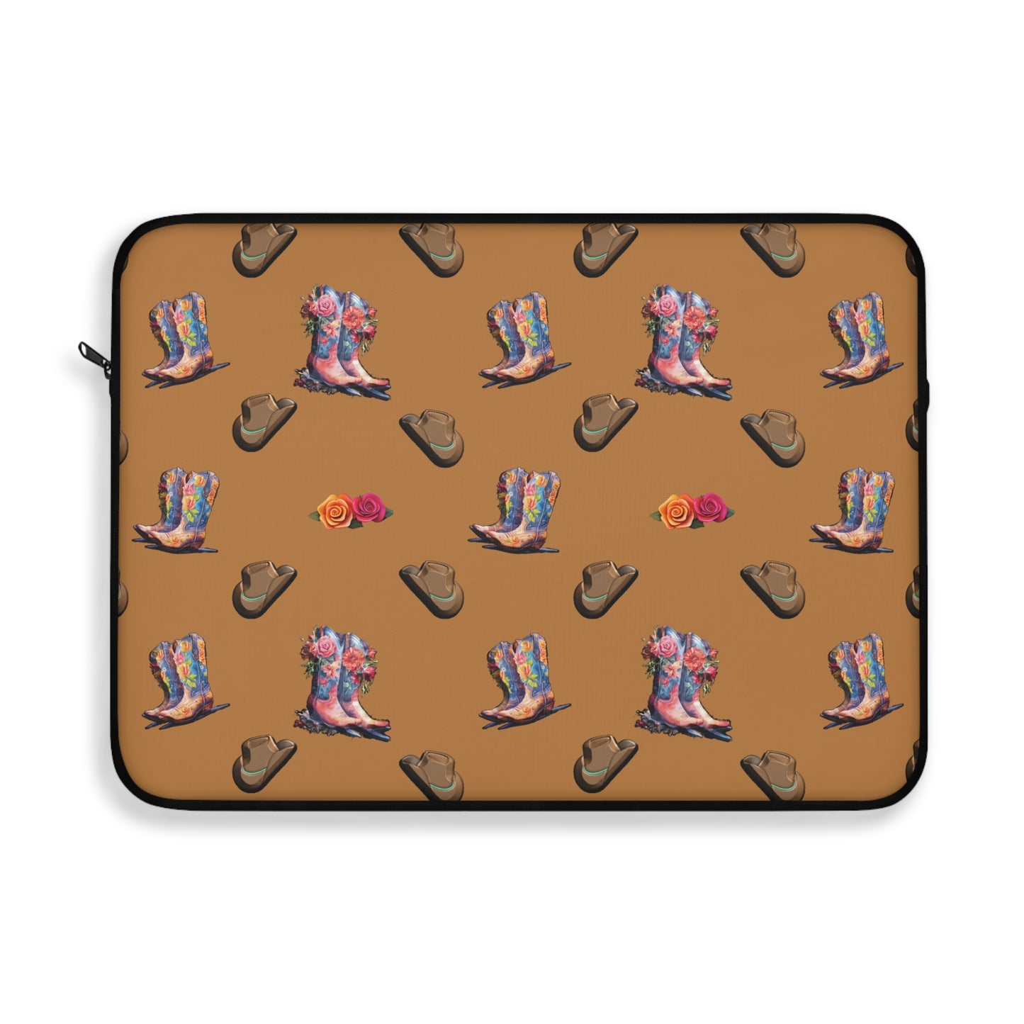 cowboy boots roses and hats on laptop sleeve close up