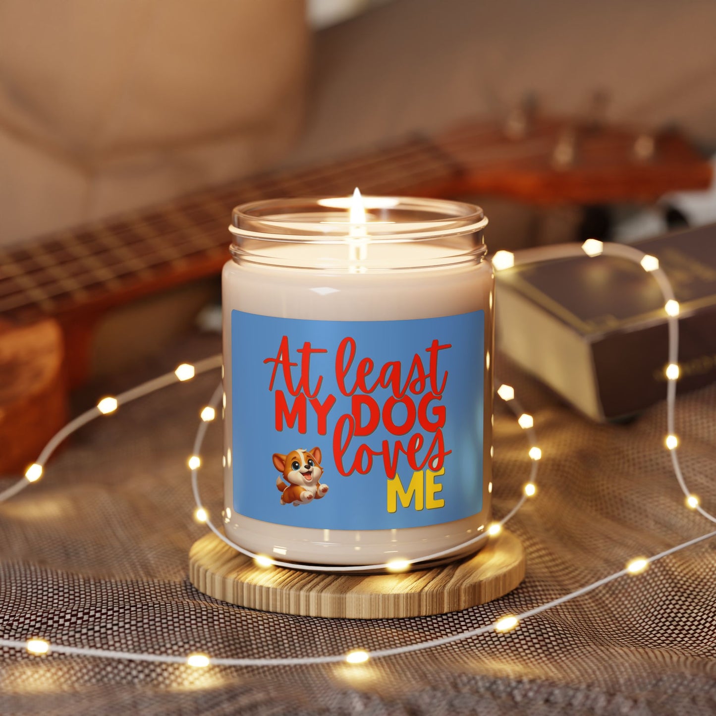 at least my dog loves me soy candle with cute corgi