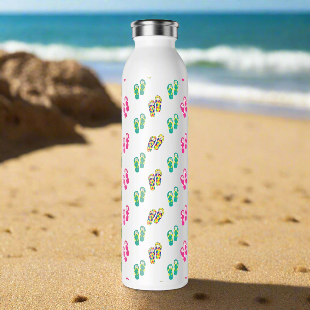 Summer Vibes Slim Water Bottle - Colorful Flip Flop Design for Beach Lovers