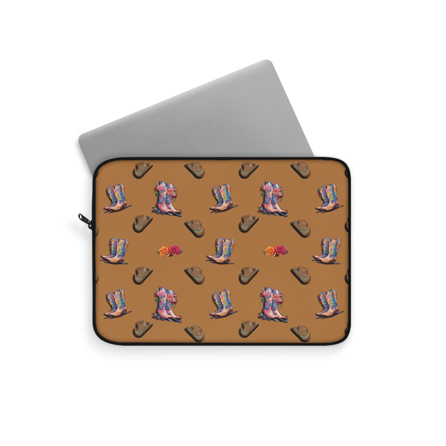 cowboy boots roses and hats on laptop sleeve with laptop