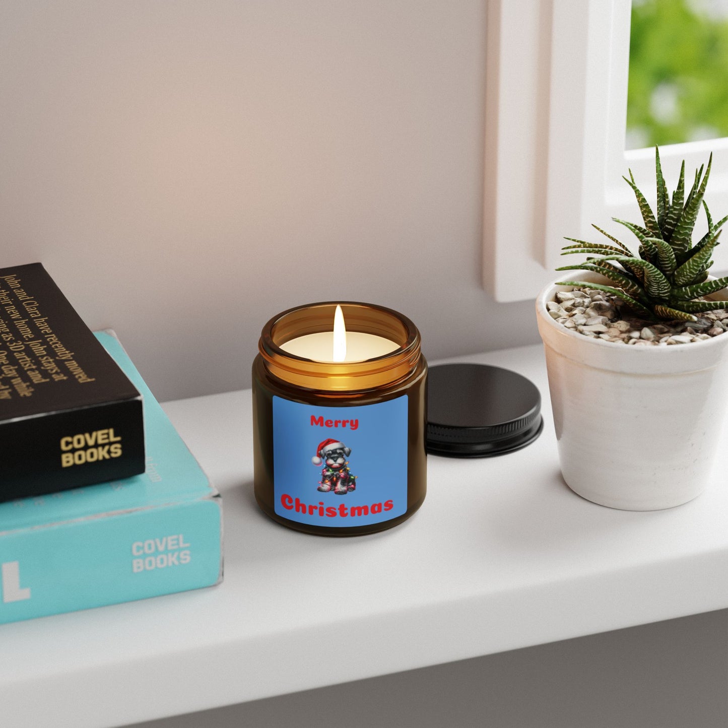 merry Christmas soy candle with cut schnauzer dog