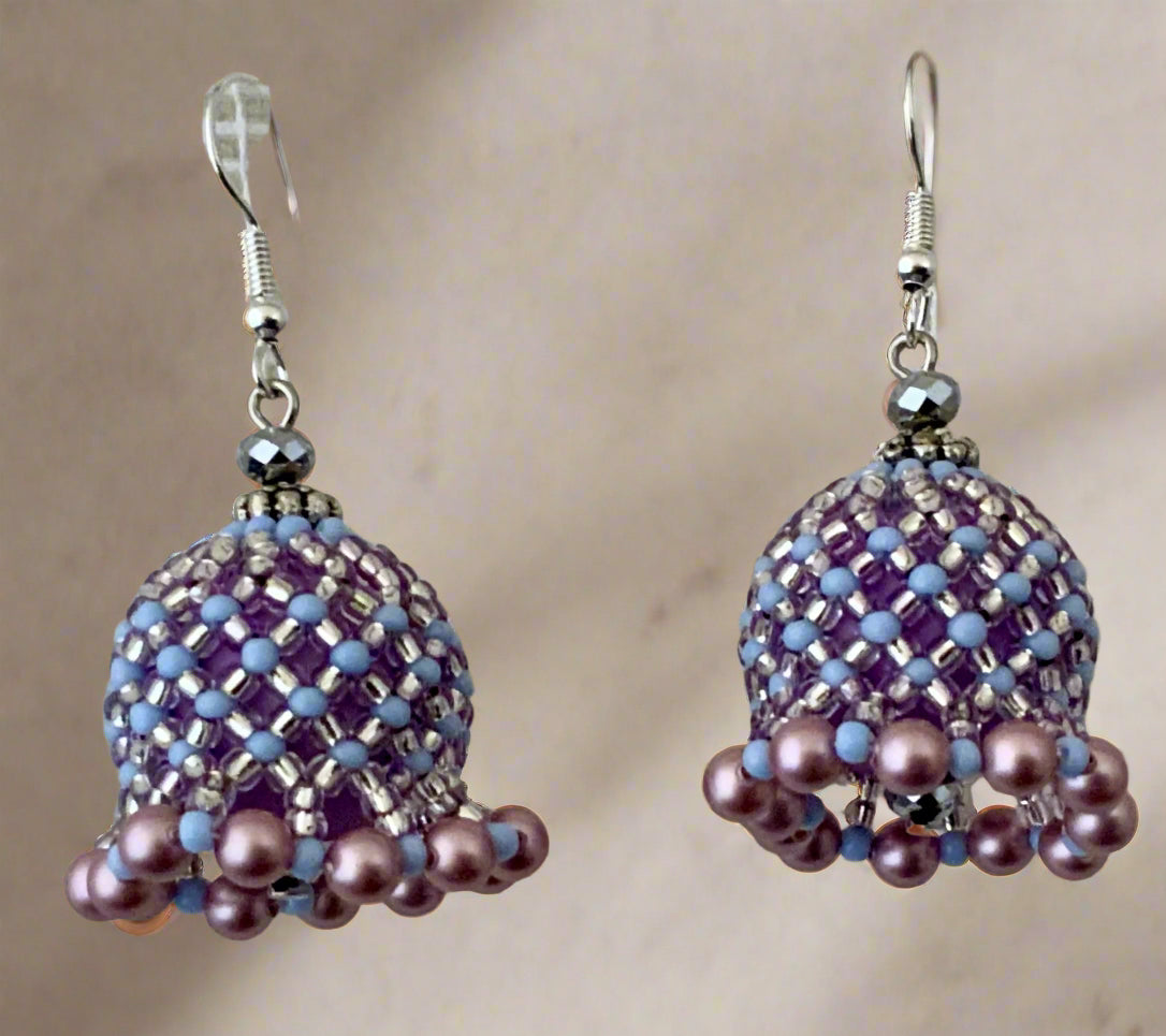 purple and blue seed bead earrings with purple pearls