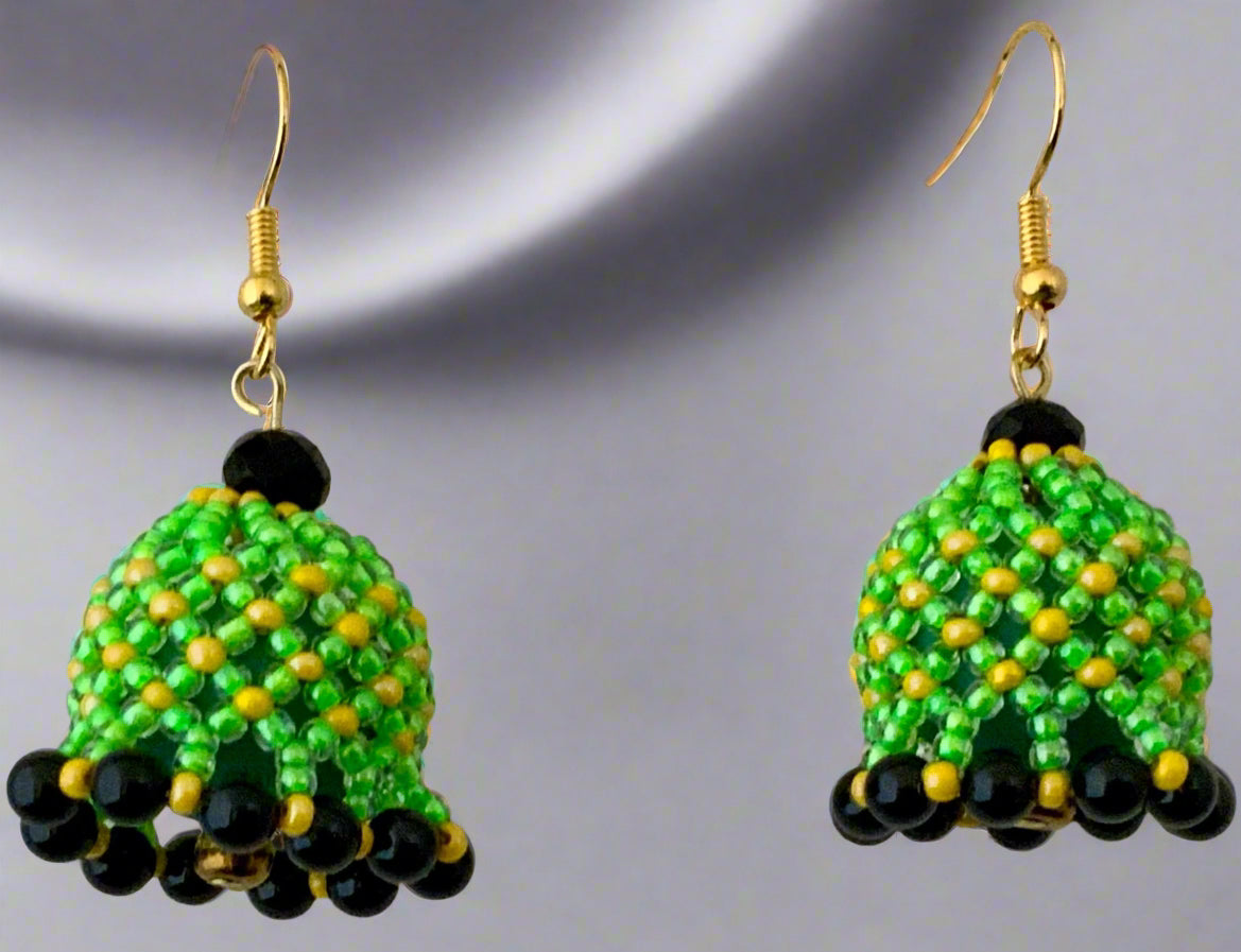 green and yellow seed bead earrings with black pearl