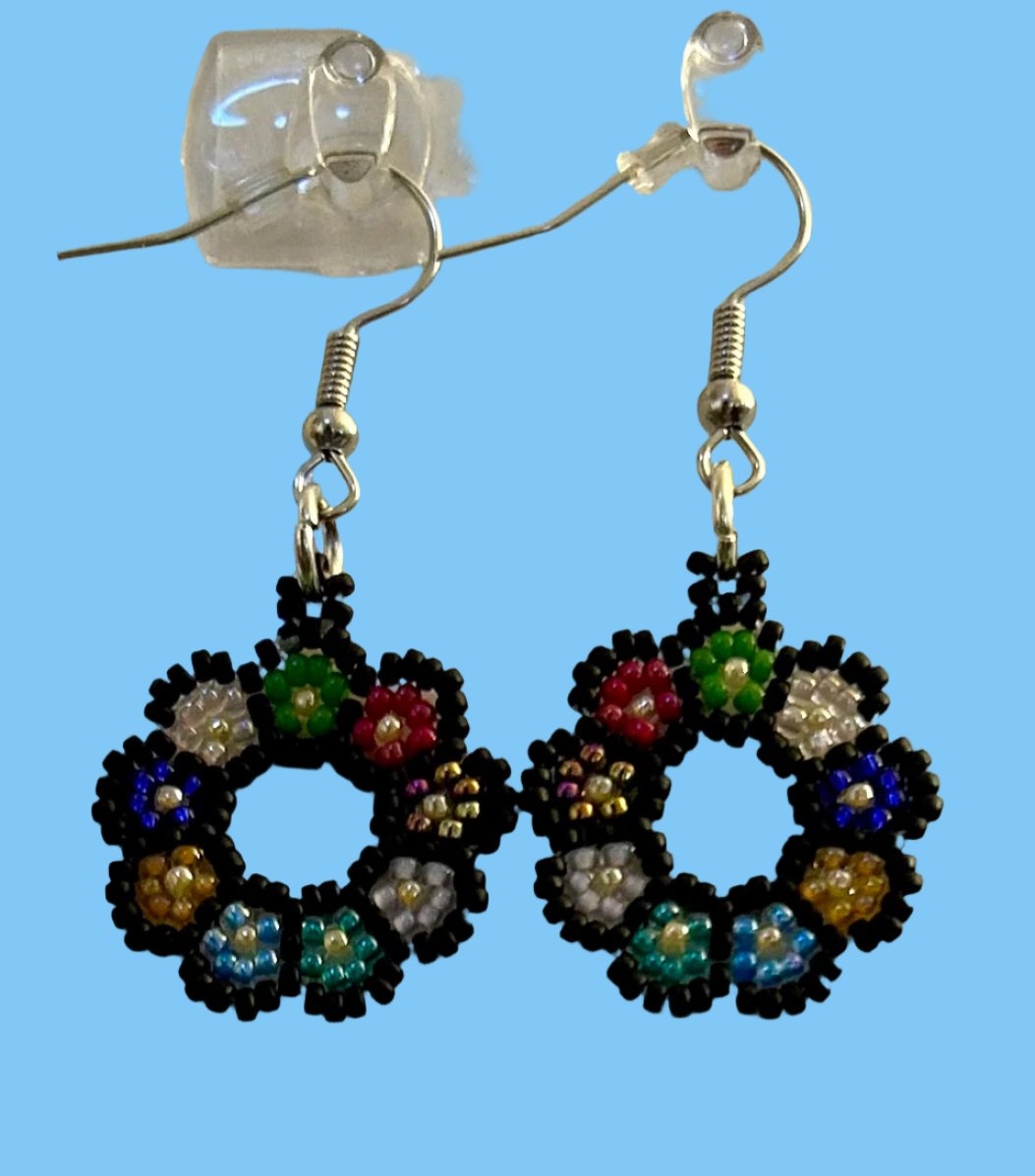 1" round flower earrings  handmade with black and bright colored seed beads