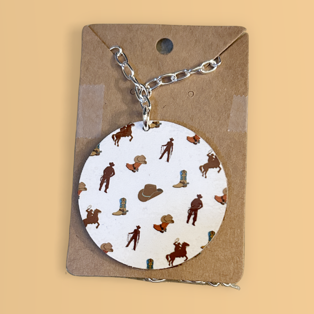 2" round cowboy, boots and hats pendent on 18" silver chain