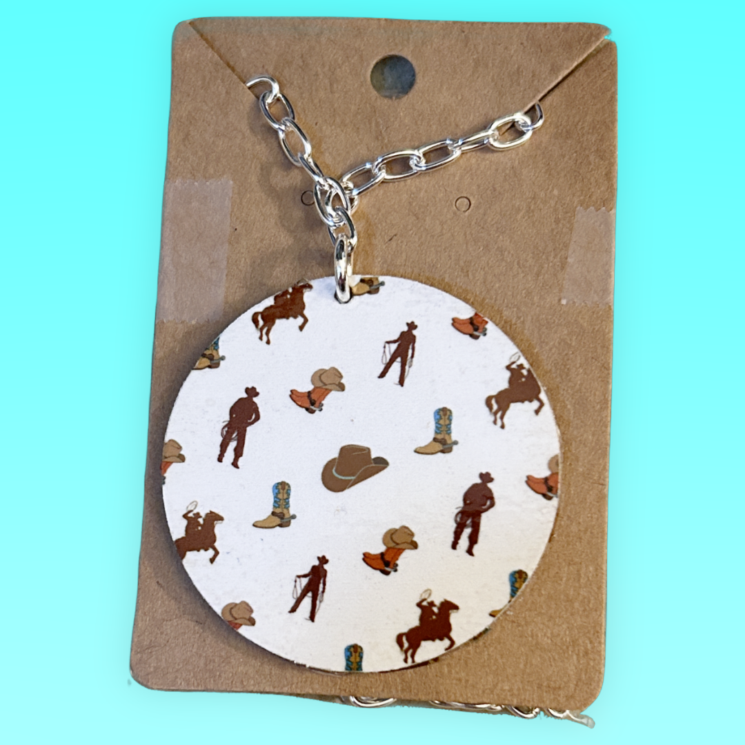 2" round cowboy, boots and hats pendent on 18" silver chain