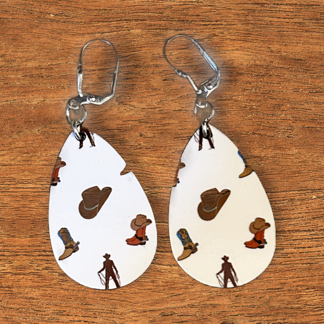 teardrop cowboy, hat and boot earrings with latch earring wires