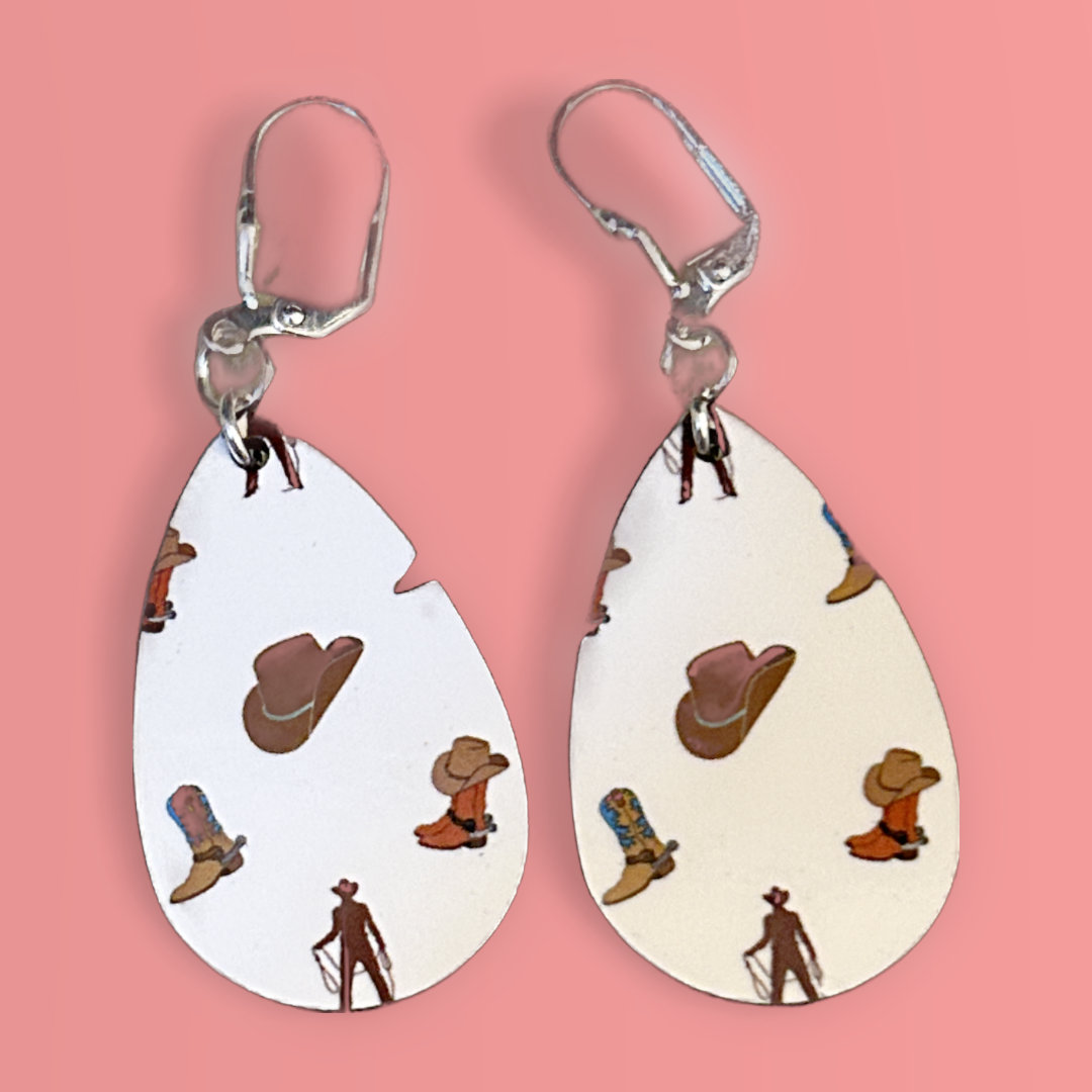 teardrop cowboy, hat and boot earrings with latch earring wires