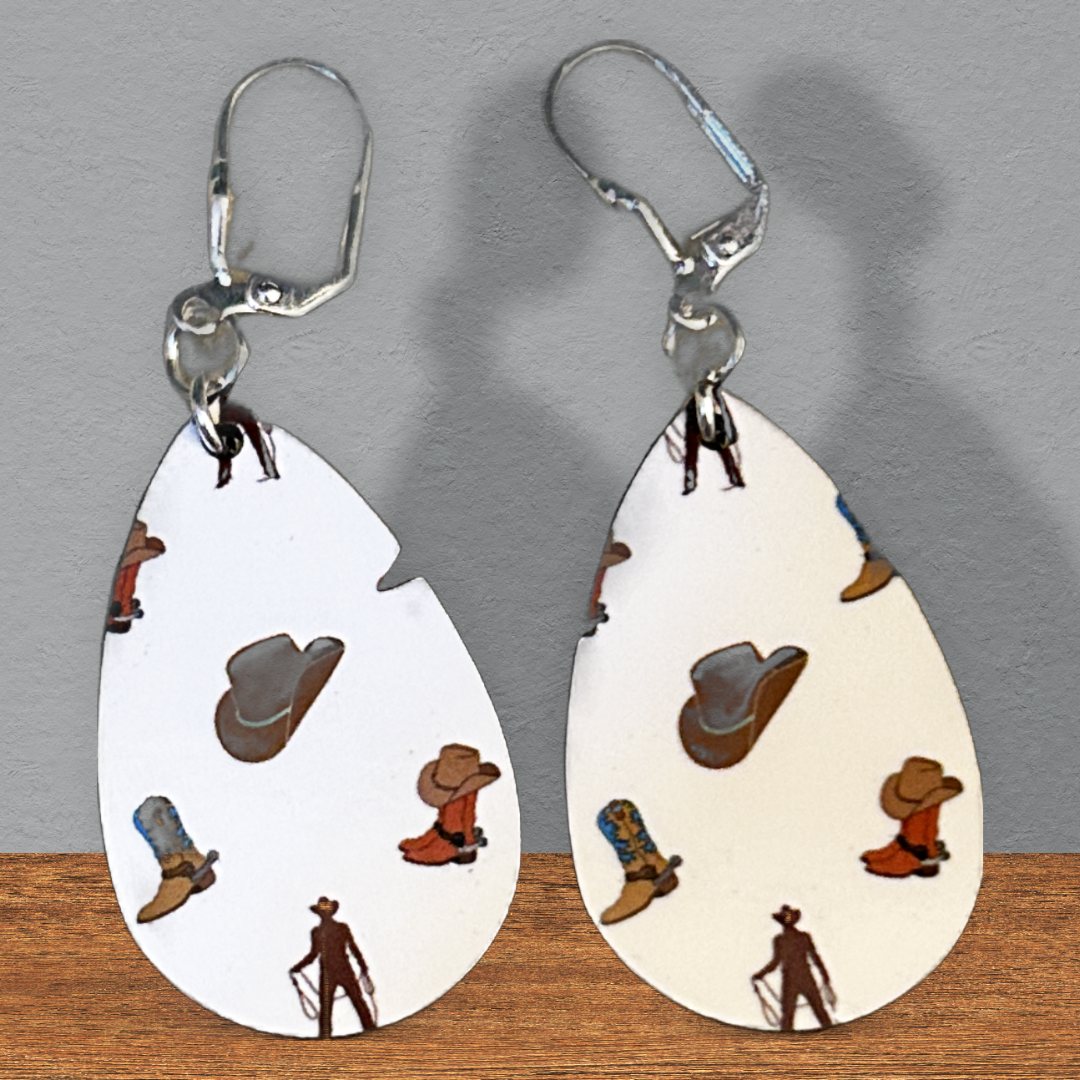 teardrop cowboy, hat and boot earrings with latch earring wires
