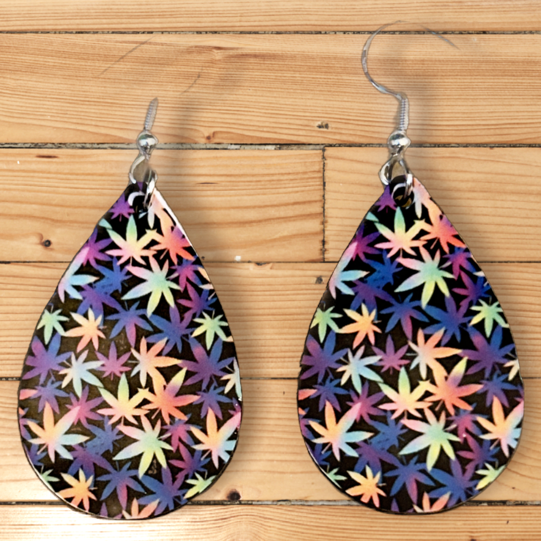 purple teardrop cannabis leave earrings