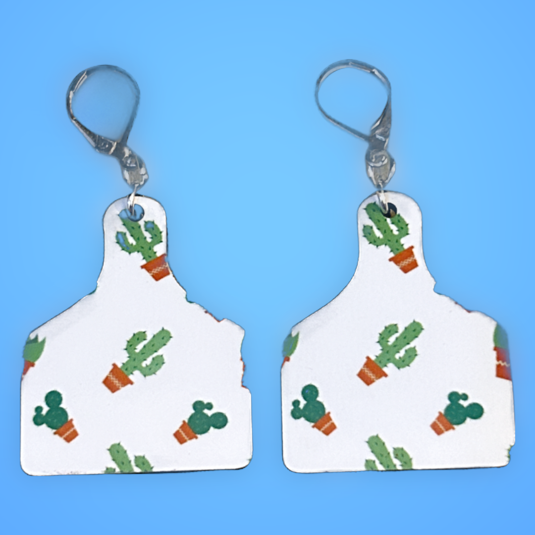 cutting board shaped earrings with cactus in pots with silver latch ear wires