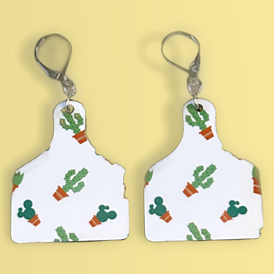 cutting board shaped earrings with cactus in pots with silver latch ear wires