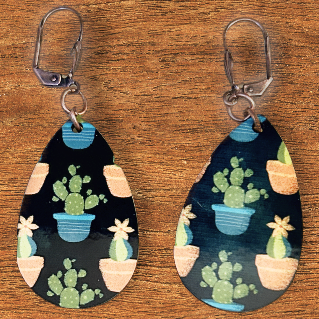 teardrop earrings with cactus design with silver latch earrings
