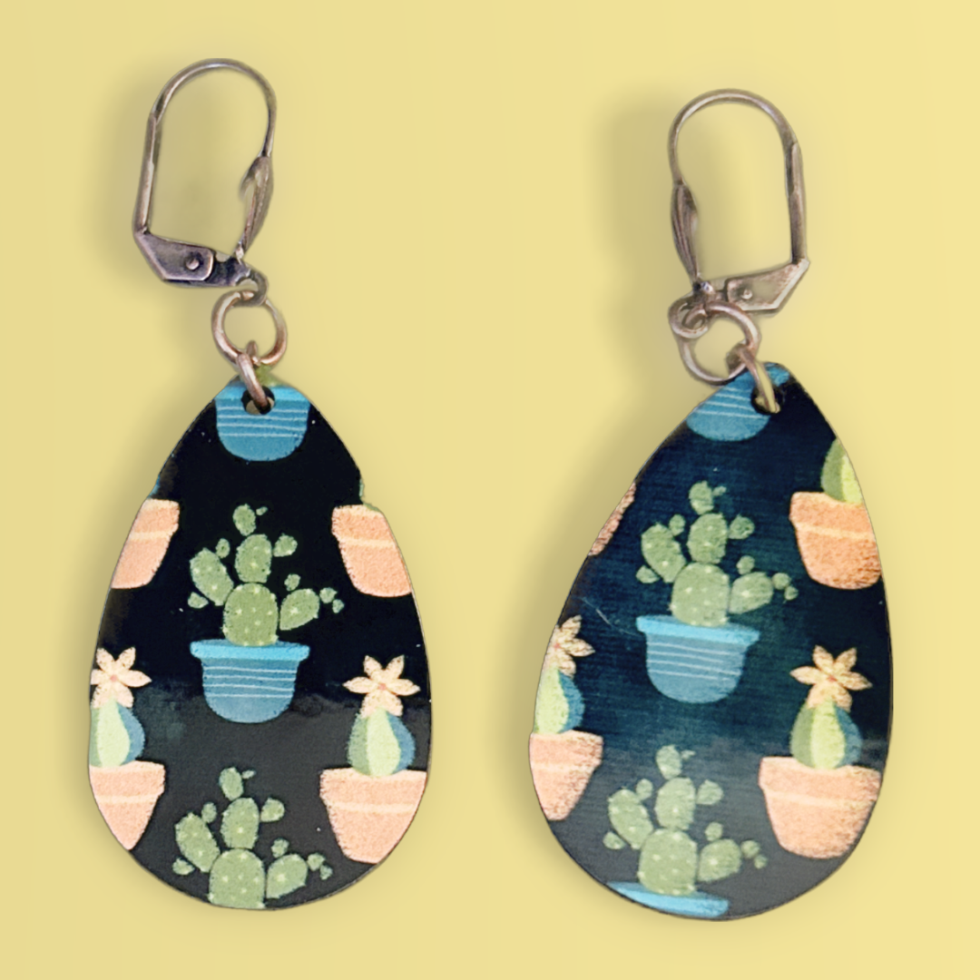 teardrop earrings with cactus design with silver latch earrings
