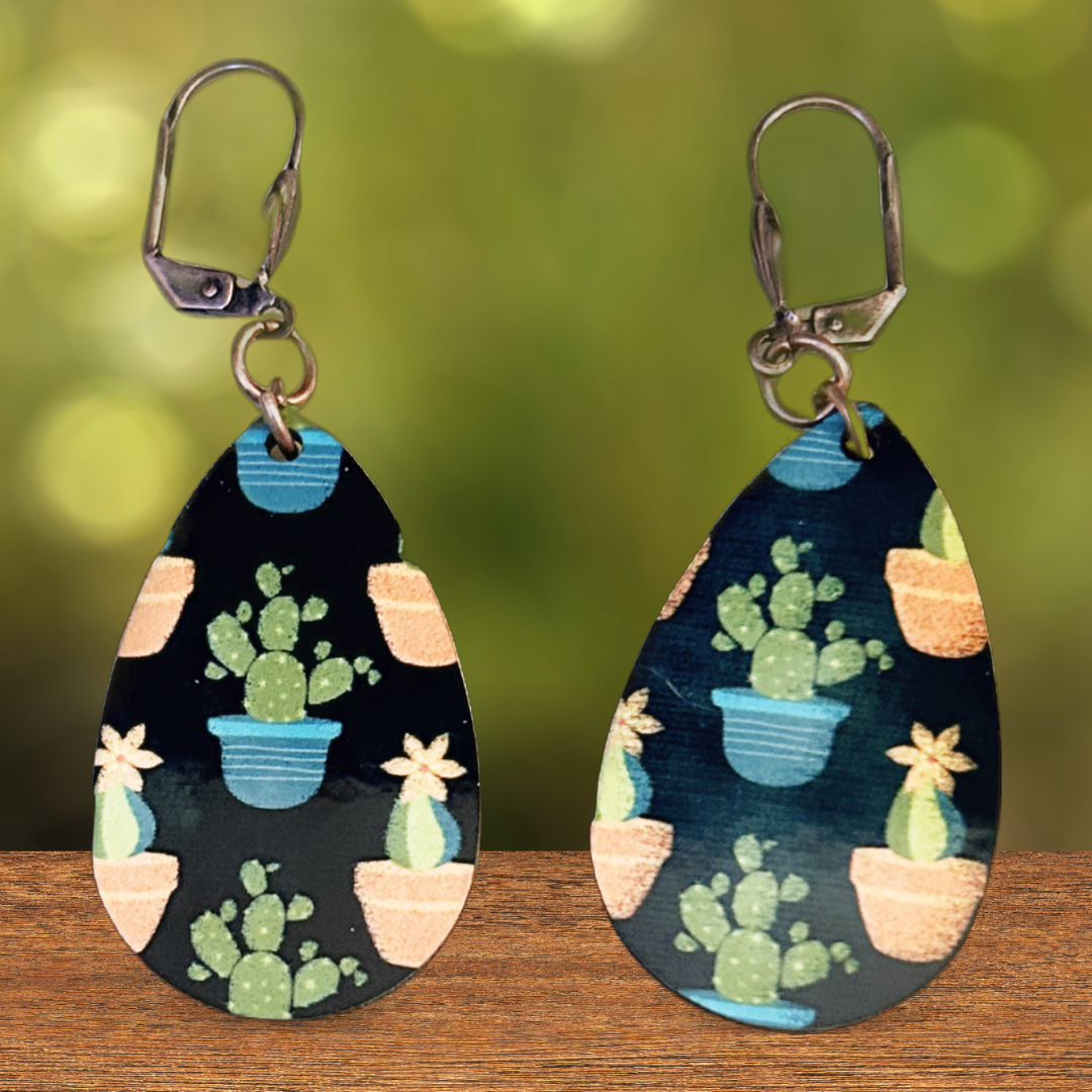 teardrop earrings with cactus design with silver latch earrings