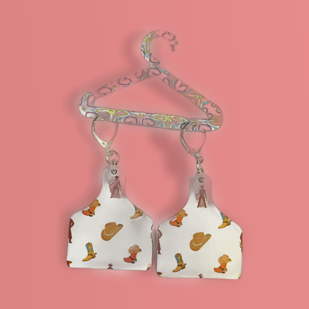 cutting board shaped earrings with cowboy hat and boots with silver latch ear wires