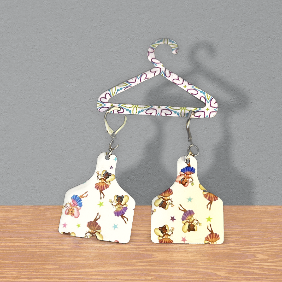 cutting board shaped earrings with fairies and silver latch earring wires
