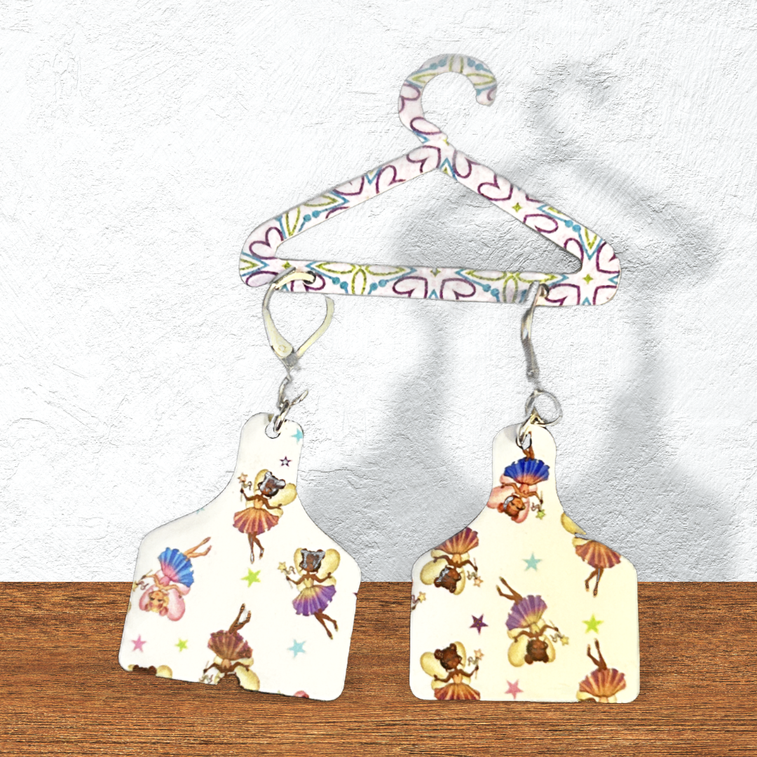 cutting board shaped earrings with fairies and silver latch earring wires