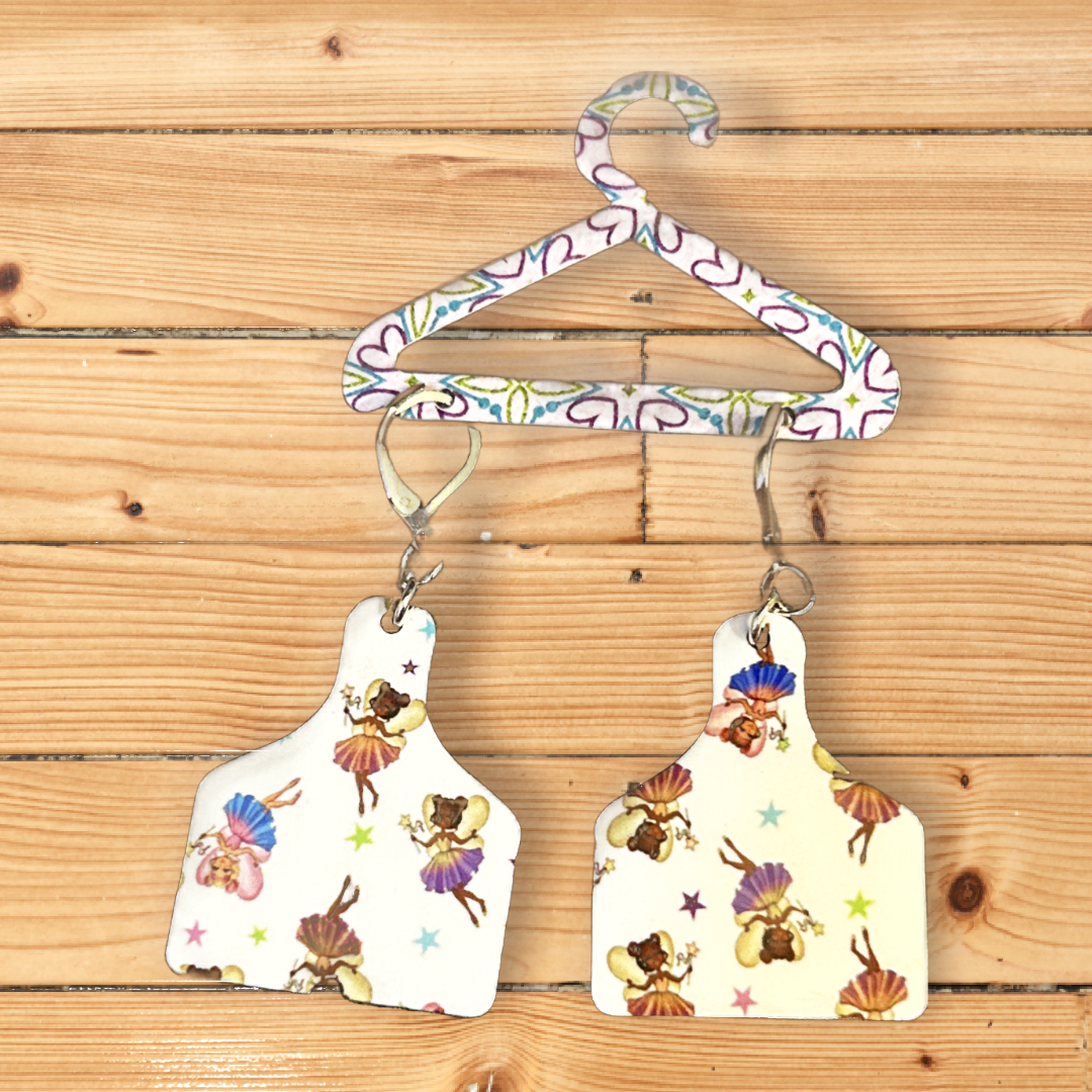 cutting board shaped earrings with fairies and silver latch earring wires