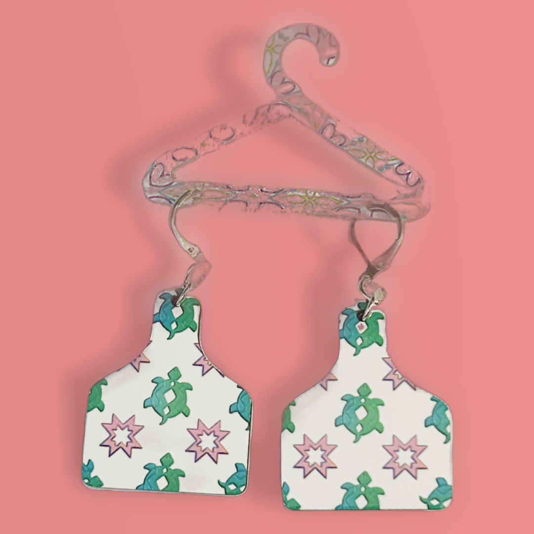 cutting board shaped earrings with green turtles with silver latch ear wires