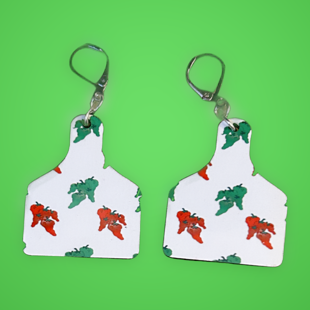cutting board shaped earrings with red and green chili with silver latch ear wires