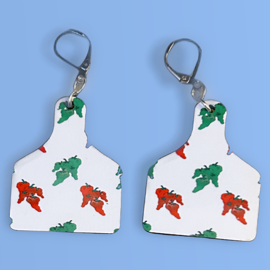 cutting board shaped earrings with red and green chili with silver latch ear wires