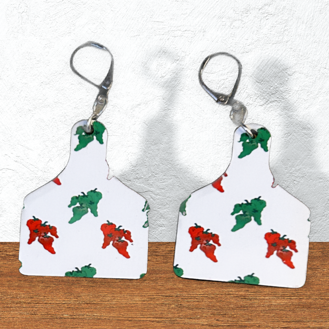 cutting board shaped earrings with red and green chili with silver latch ear wires