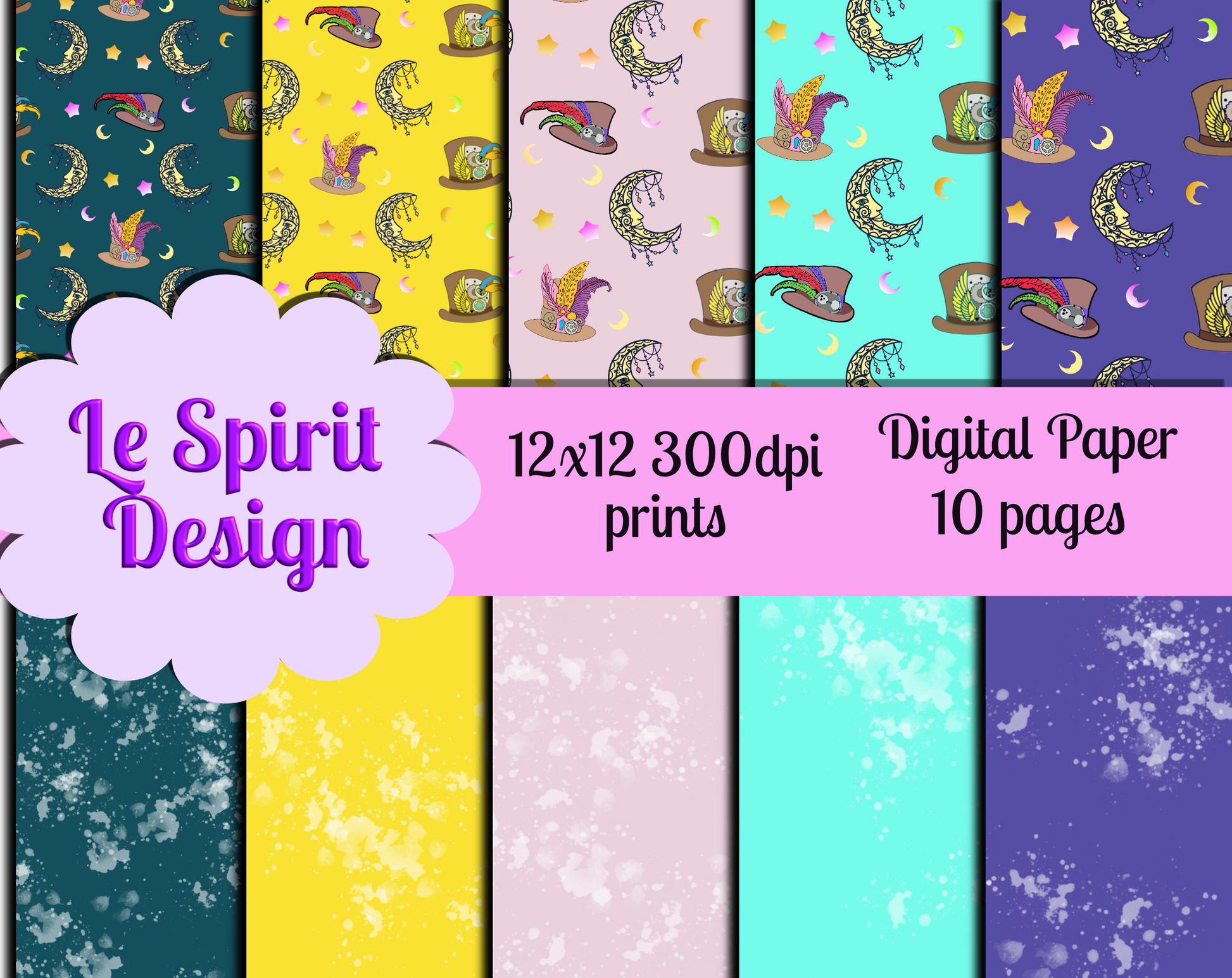 digital paper with steampunk hats and moon pattern