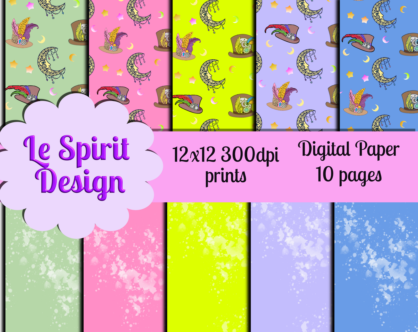 digital paper with steampunk hats and moon pattern