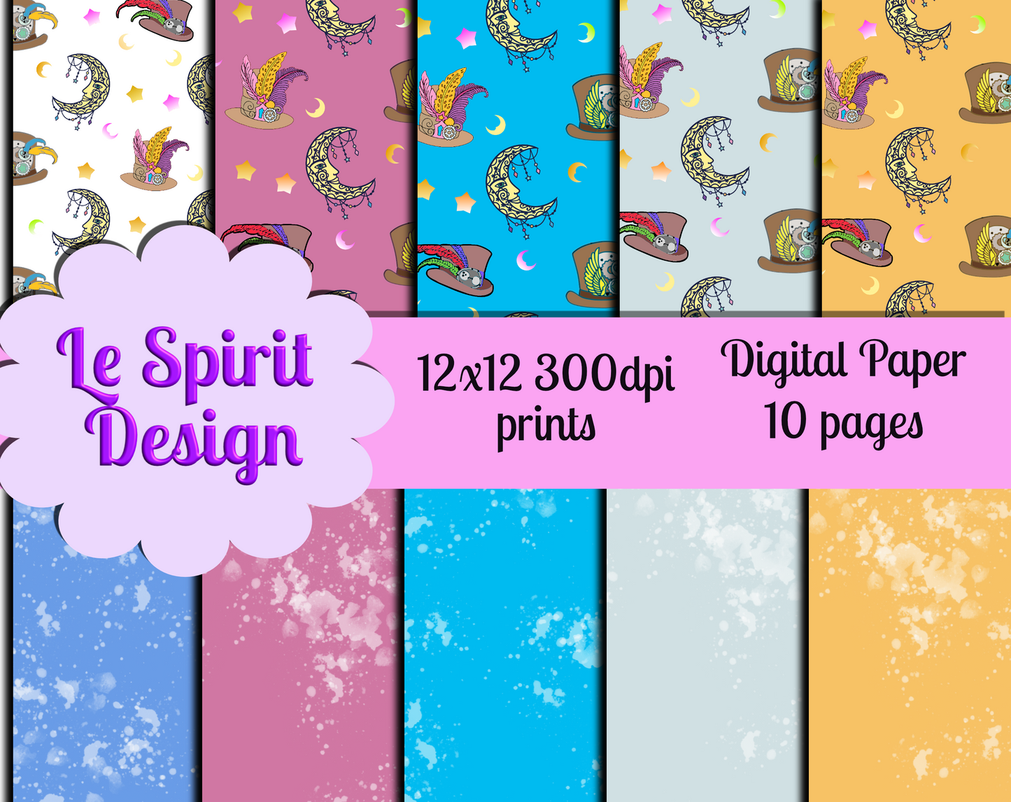 digital paper with steampunk hats and moon pattern