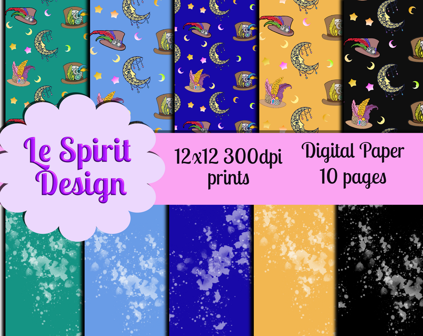 digital paper with steampunk hats and moon pattern
