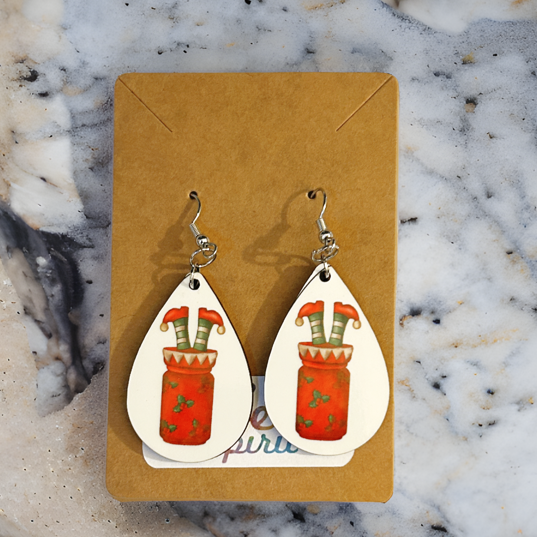 elf feet drink teardrop earrings on shelf