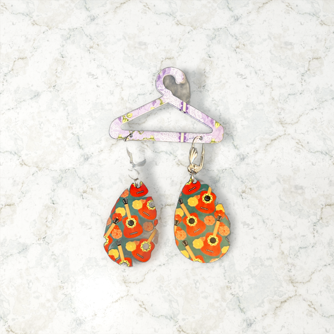 Tear drop earrings with southwest guitar design silver latch ear wires