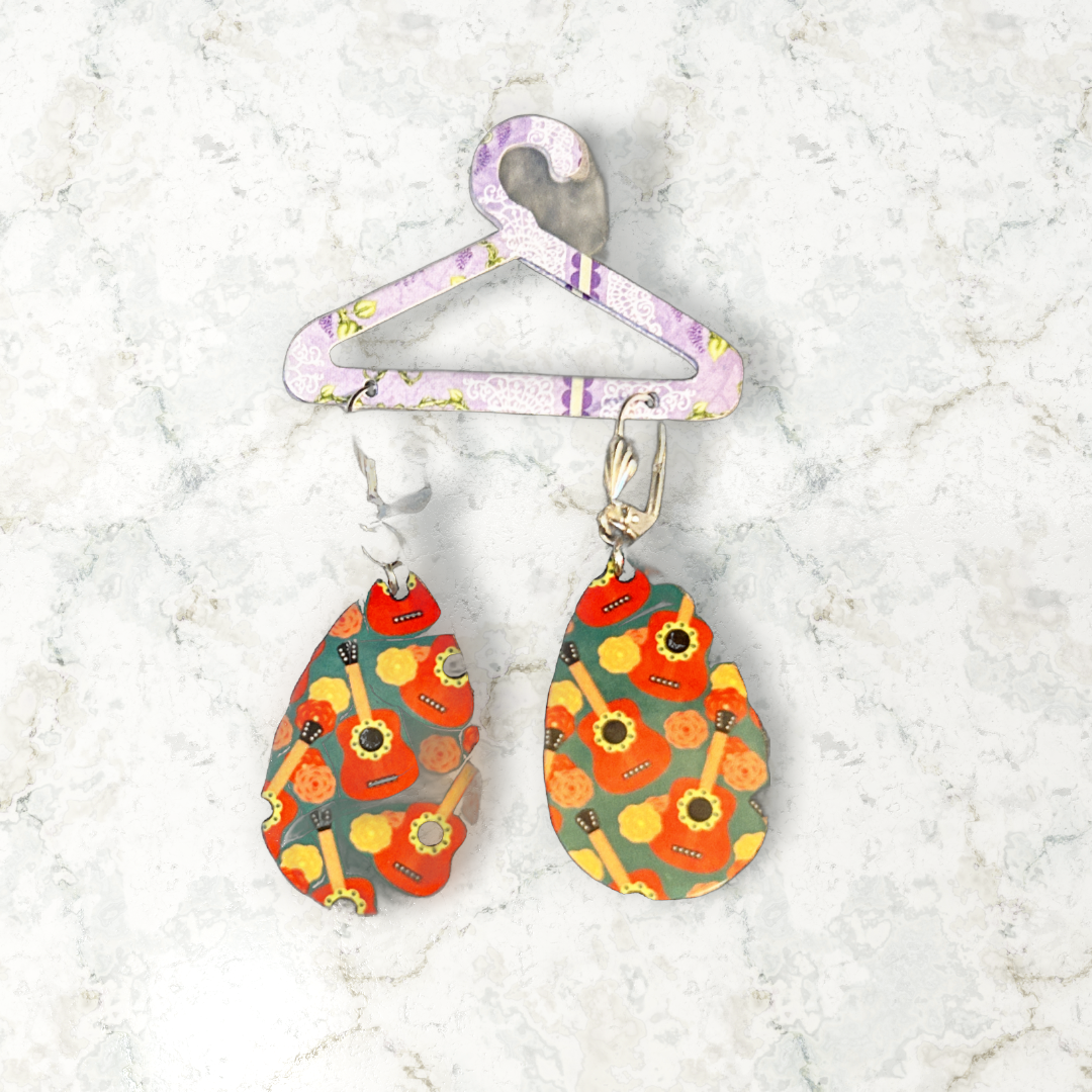 Tear drop earrings with southwest guitar design silver latch ear wires