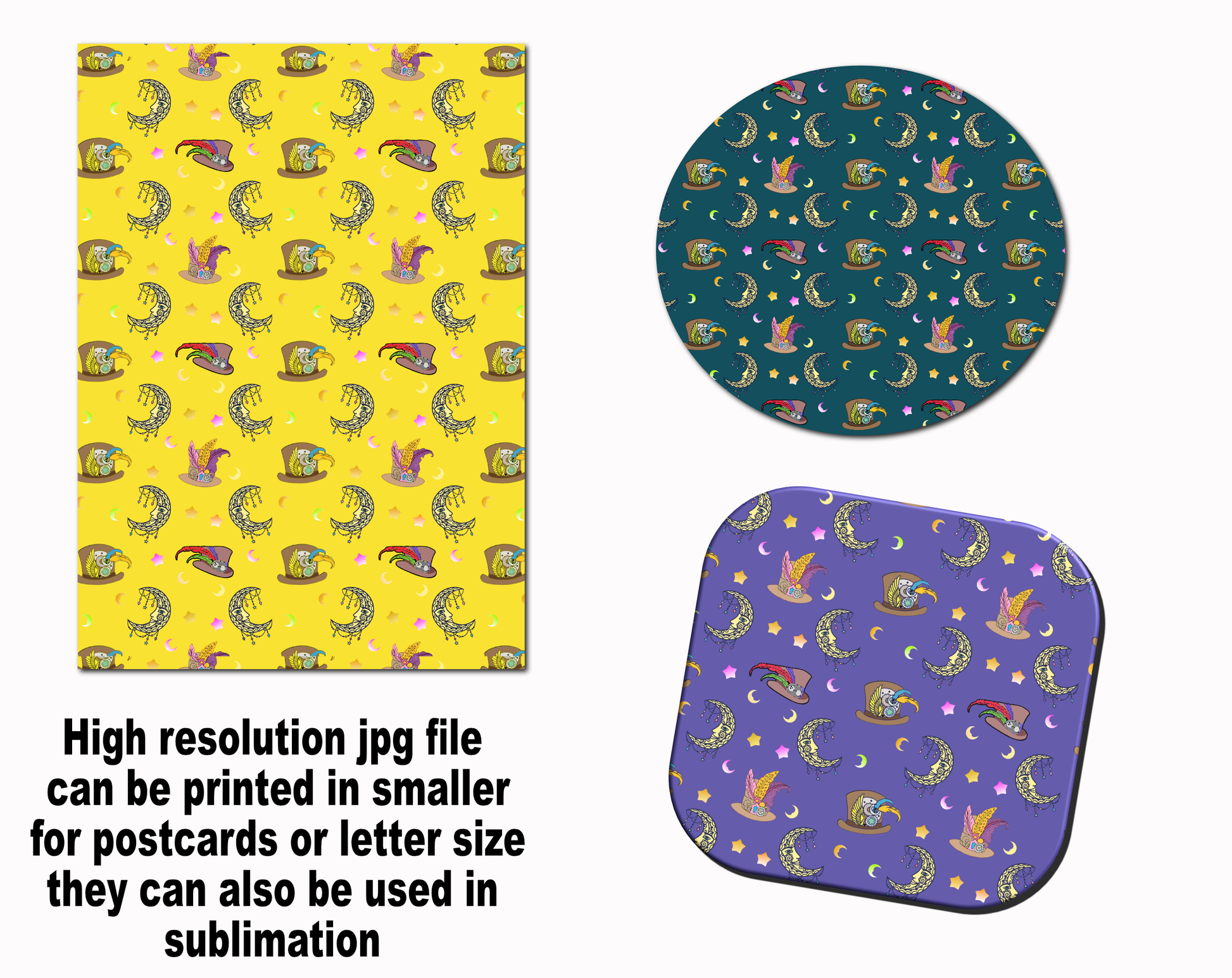 digital paper with steampunk hats and moon pattern