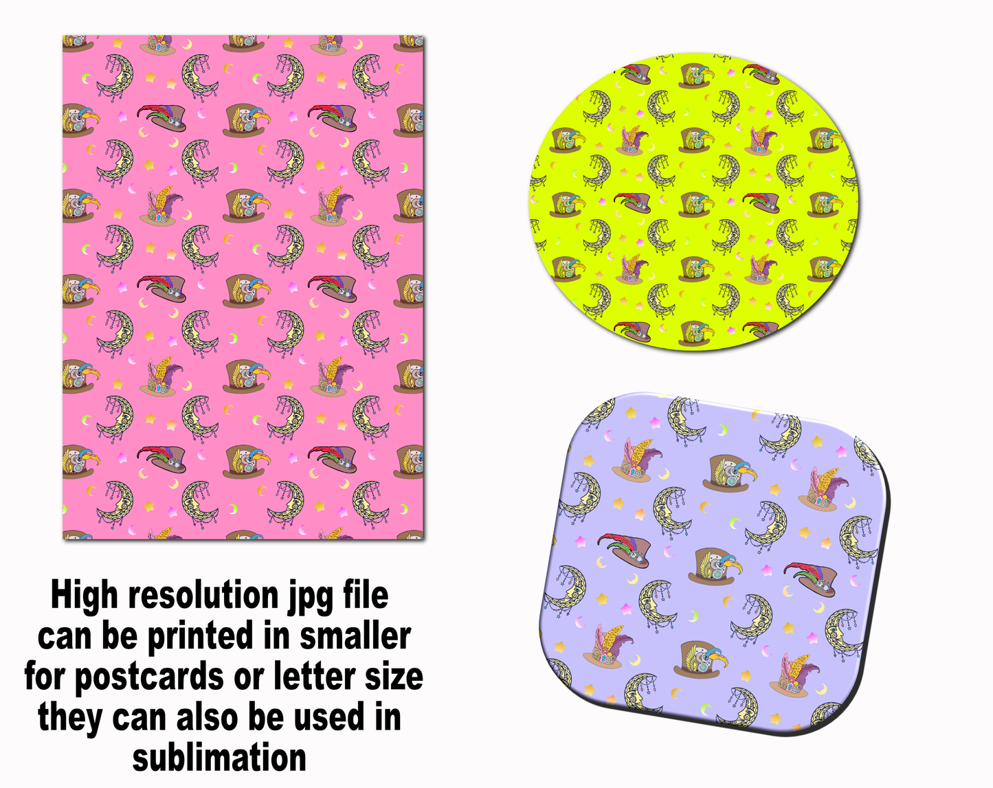digital paper with steampunk hats and moon pattern