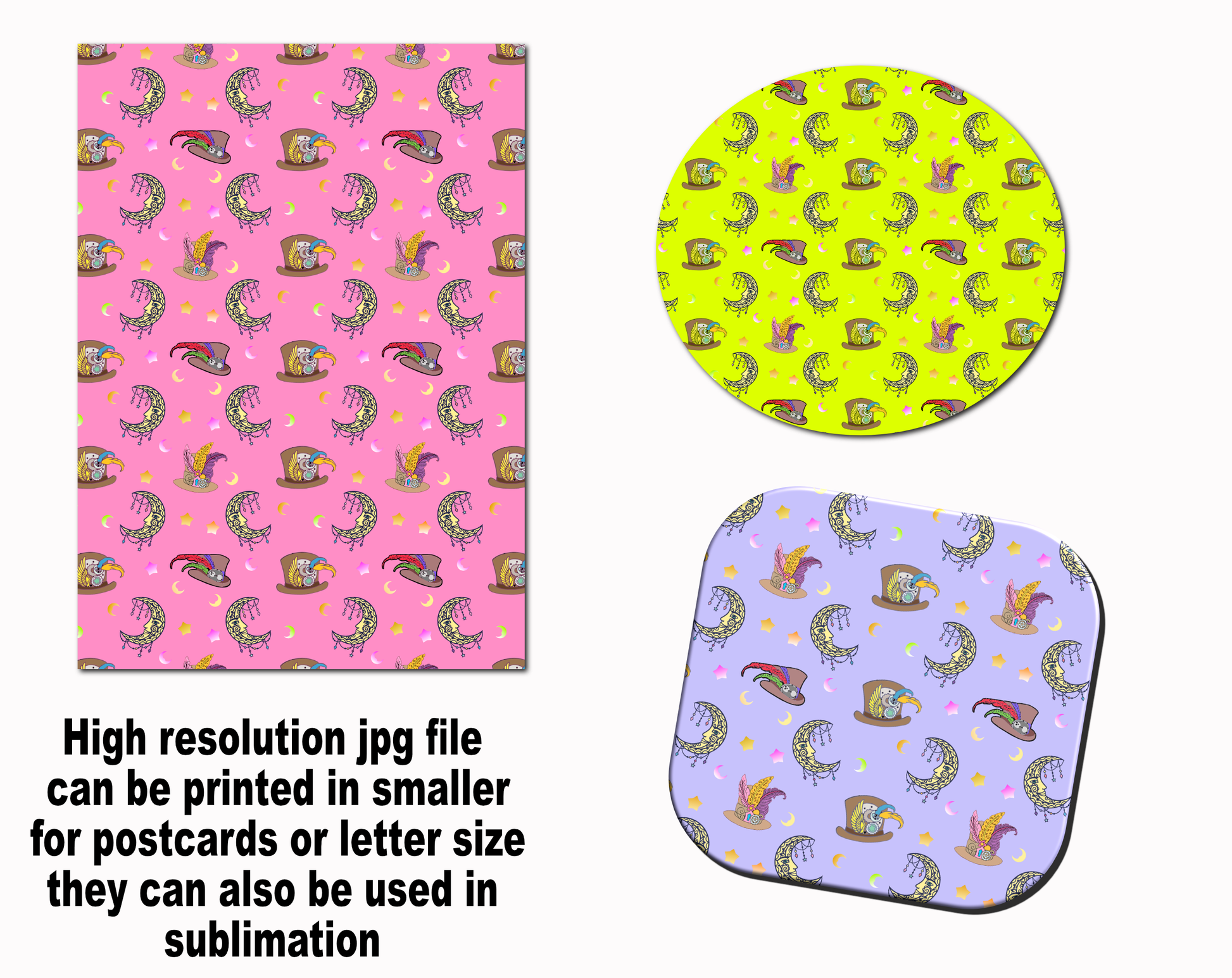 digital paper with steampunk hats and moon pattern