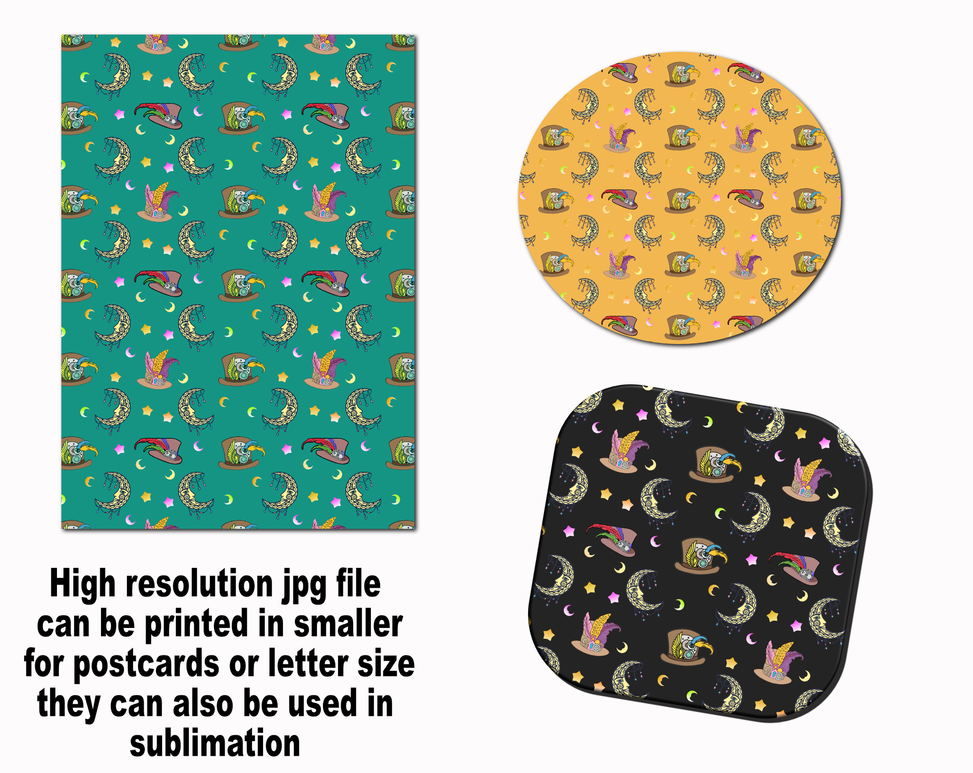 digital paper with steampunk hats and moon pattern